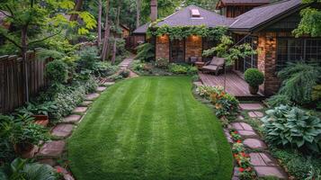 AI generated Backyard With Lawn and Landscaping photo