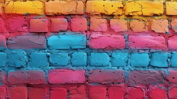 AI generated Colorful Brick Wall With Red, Yellow, Blue, and Pink photo