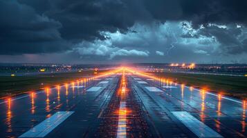 ai generado iluminado aeropuerto pista a noche foto