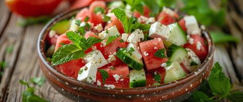 ai generado refrescante sandía, pepino, y menta ensalada cuenco foto