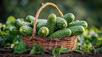 AI generated Basket of Cucumbers on Wooden Table photo