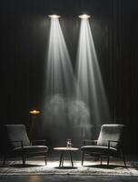 AI generated Two Chairs and a Table in a Dark Room photo