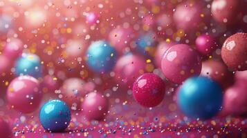 AI generated Blue Gift Box With Pink and Blue Balloons and Confetti photo