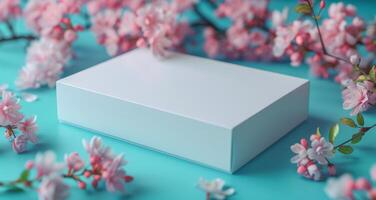 AI generated White Box on Blue Surface Near Pink Flowers photo