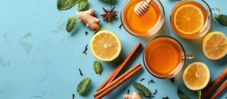 ai generado Tres tazas de té con limones y canela en un azul antecedentes foto