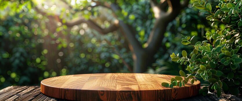 AI generated Empty Wooden Table in Front of Jungle Scene photo