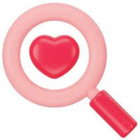 Magnifying glass with red heart 3d icon rendering png