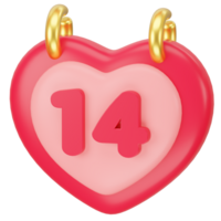 Daily calendar with date 14. Number in red on a pink heart 3d icon rendering png