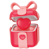 Cute love pink open present with red ribbon, bow and hearts. 3d icon rendering png