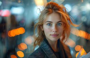 AI generated Woman With Red Hair and Blue Eyes Looking at Camera photo