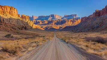 ai generado suciedad la carretera en Desierto rodeado por montañas foto