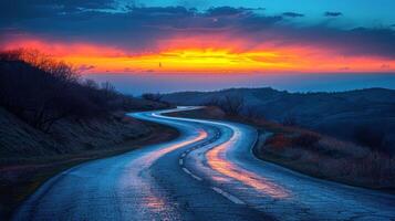 ai generado devanado la carretera con puesta de sol foto