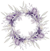 Watercolor wedding wreath with flowers and leaves. png