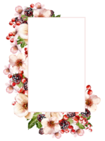 Watercolor festive invitation frame made of beautiful flowers and fruit berries with green leaves. Illustration png