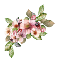 Watercolor festive bouquet of beautiful flowers and fruity blackberries with green leaves. Illustration png