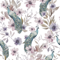 Aquarell Muster mit das anders lila Blumen und wild Kräuter, Pfau Vogel png