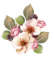 Watercolor festive bouquet of beautiful flowers and fruity blackberries with green leaves. Illustration png