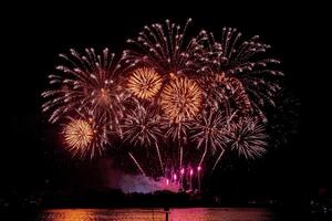 fireworks on the river in the dark sky photo