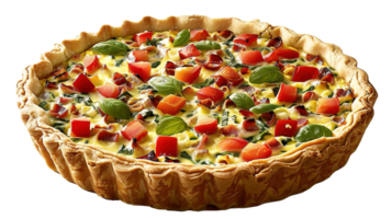 AI generated homemade essence of artisanal quiche, presented against a transparent backdrop, a perfect blend of eggs, cheese, and fresh vegetables in a delicate pastry crust. png