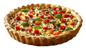 ai generiert hausgemacht Wesen von handwerklich Quiche, vorgestellt gegen ein transparent Hintergrund, ein perfekt Mischung von Eier, Käse, und frisch Gemüse im ein zart Gebäck Kruste. png