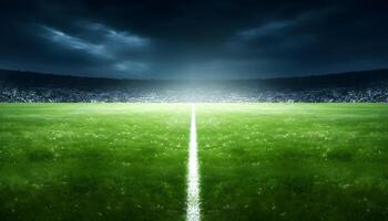 AI generated Football stadium, shiny lights, view from field. Soccer concept. football stadium before championship with bright lights. grass field in stadium at night. AI Generated photo