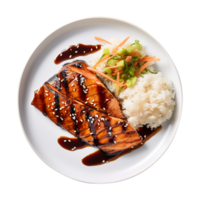 AI generated A plate of delicious grilled salmon with teriyaki sauce and rice png