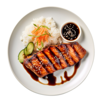 ai generiert ein Teller von köstlich gegrillt Lachs mit Teriyaki Soße und Reis png