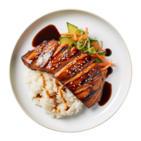ai generado un plato de delicioso A la parrilla salmón con teriyaki salsa y arroz png