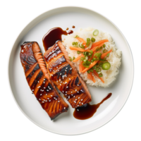 ai generiert ein Teller von köstlich gegrillt Lachs mit Teriyaki Soße und Reis png