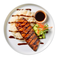 ai generiert ein Teller von köstlich gegrillt Lachs mit Teriyaki Soße und Reis png