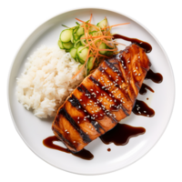 ai gegenereerd een bord van heerlijk gegrild Zalm met teriyaki saus en rijst- png