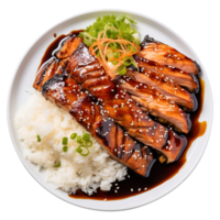 ai gegenereerd een bord van heerlijk gegrild Zalm met teriyaki saus en rijst- png