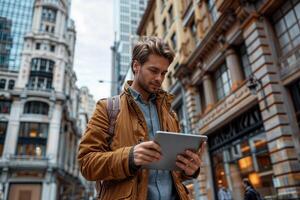 AI generated Stylish young adult male engages with a digital tablet while walking in a city environment photo