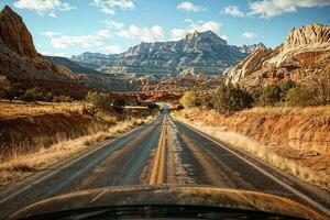 ai generado ver desde coche conducción abajo un abierto la carretera con desmadejado Desierto y montaña fondo foto