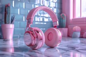 ai generado rosado auriculares en lustroso superficie con suave Encendiendo foto