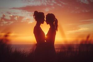 AI generated Romantic couple embracing at sunset photo