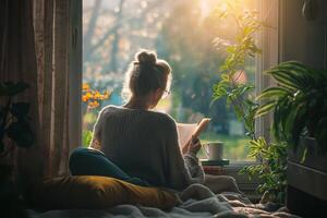 AI generated Person enjoys a book in a cozy, sunlit room, embodying tranquility photo