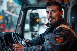 AI generated Confident male truck driver smiling in the cabin of a modern truck photo