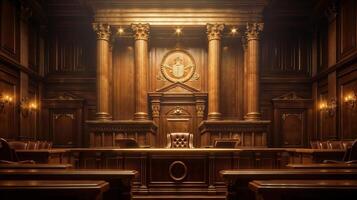 AI generated Majestic courtroom interior with classic wood design photo