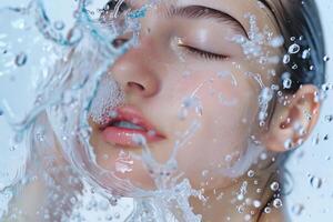 ai generado sereno mujer con salpicaduras agua en cara foto