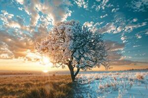 ai generado invierno amanecer con floreciente árbol foto