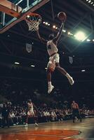 AI generated A dynamic image capturing a basketball player mid-air about to dunk during a game photo