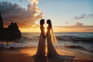 ai generado silueta lesbiana Pareja en Boda atuendo participación manos en un playa a puesta de sol foto