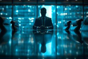 AI generated Mysterious businessman in futuristic conference room photo