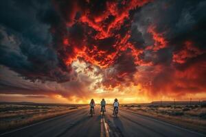 AI generated Three individuals cycling under a dramatic sunset sky photo