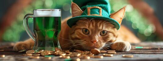 ai generado S t. patrick's día gato con verde sombrero y cerveza foto