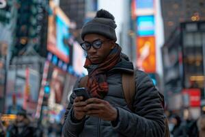 AI generated Young man texting on smartphone in bustling city photo