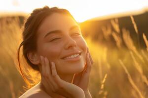 AI generated Radiant woman enjoying sunset in wheat field photo