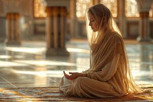 ai generado mujer en pacífico meditación dentro un iluminado por el sol mezquita foto