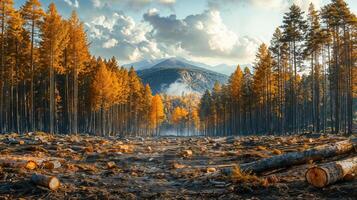 AI generated Autumnal forest clearing with mountain backdrop photo